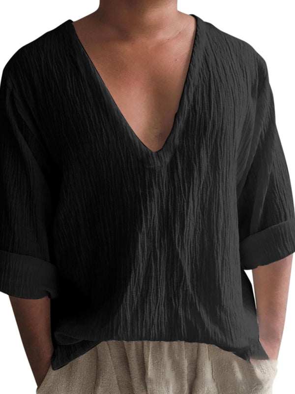 Elevated Comfort: Men's V-Neck Long Sleeve Washed Cotton T-Shirt in Versatile Solid Colors - MENLL