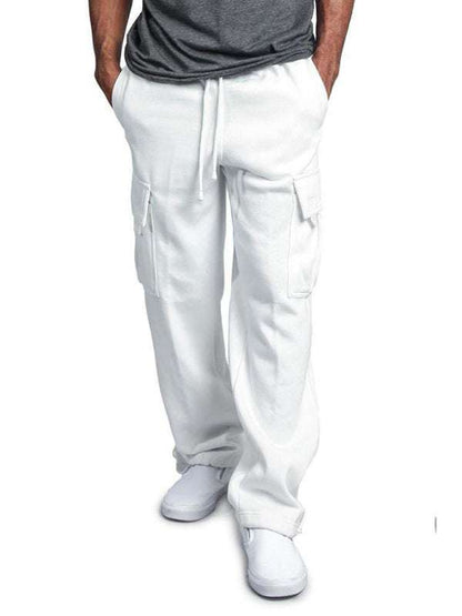 Retro-inspired men's casual leggings and overalls, white, lightweight, with flap pockets, perfect for spring and summer fashion.