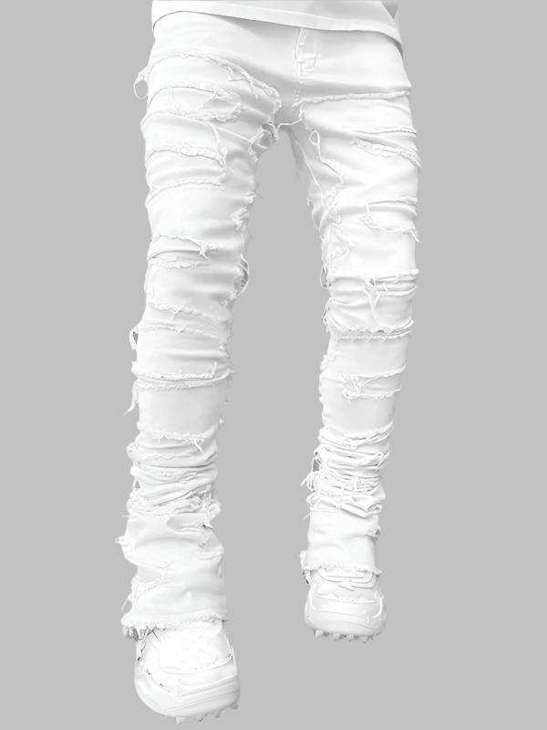 Men's stretch patch denim straight pants with a stylish ripped design.