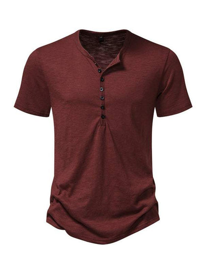 Men's Henley casual fashion basic short sleeve T-shirt, solid color, knit fabric, spring-summer style.