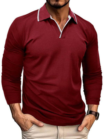 Men's stylish contrast long-sleeve V-neck polo shirt in red.