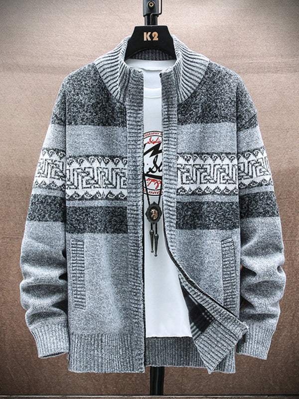 Men's zippered stand-up collar cardigan sweater in gray with slant pockets.
