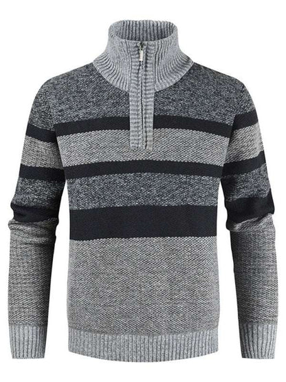 Color-blocked knitted pullover sweater for men with stand collar in gray and black stripes.