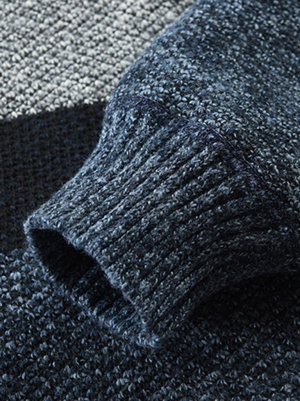 Stylish Color-Blocked Knitted Pullover Sweater for Men with Stand Collar – Perfect for Autumn-Winter Casual Wear