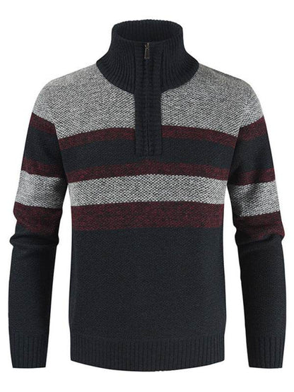 Stylish Color-Blocked Knitted Pullover Sweater for Men with Stand Collar – Perfect for Autumn-Winter Casual Wear