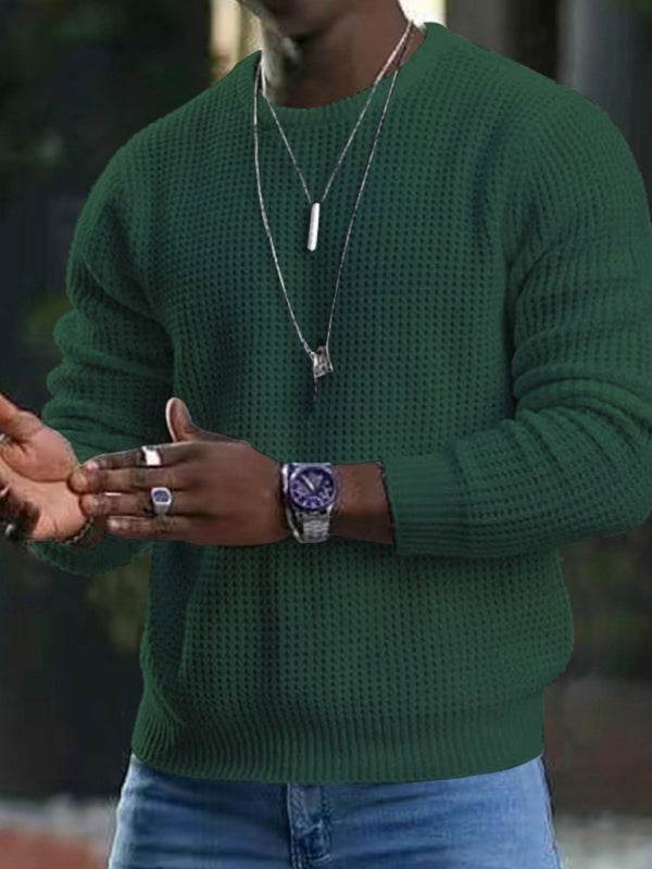 Versatile Men's Waffle Knit Long-Sleeve Sweater - Thin Round Neck for All Seasons - MENLL