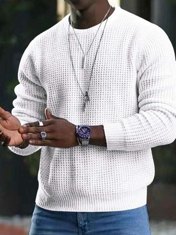 Versatile Men's Waffle Knit Long-Sleeve Sweater - Thin Round Neck for All Seasons - MENLL