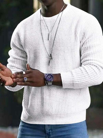 Versatile Men's Waffle Knit Long-Sleeve Sweater - Thin Round Neck for All Seasons - MENLL