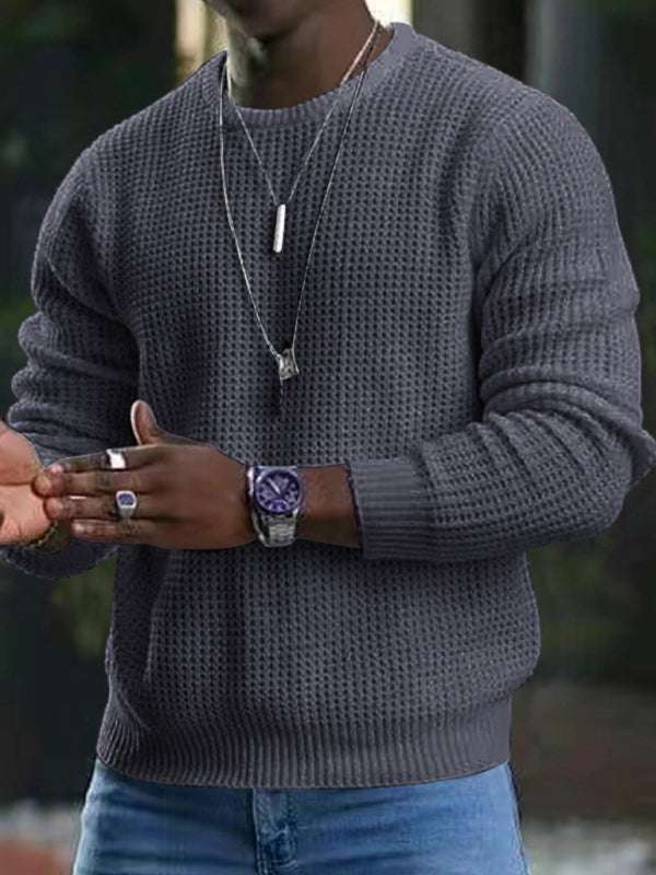 Versatile Men's Waffle Knit Long-Sleeve Sweater - Thin Round Neck for All Seasons - MENLL