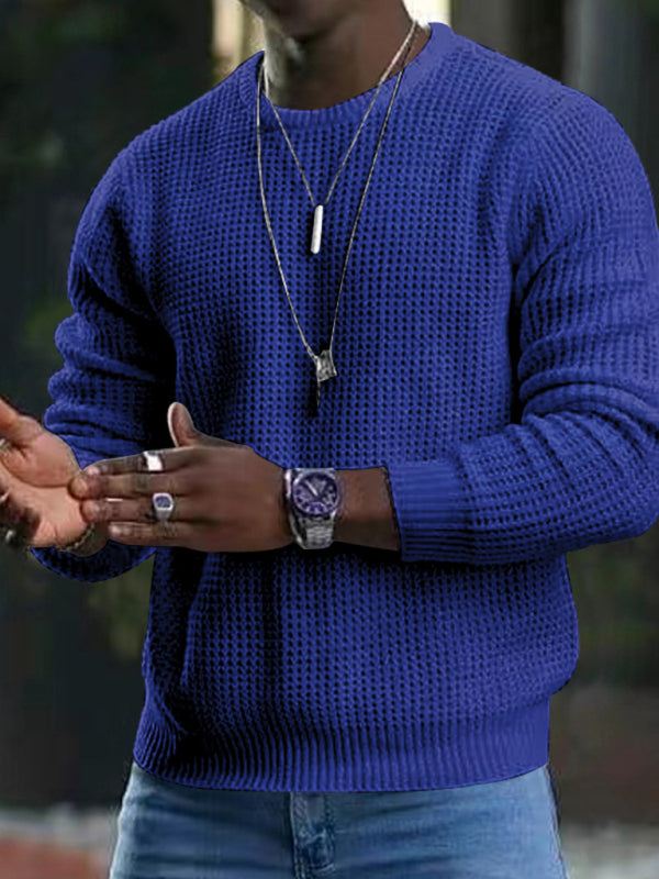Versatile Men's Waffle Knit Long-Sleeve Sweater - Thin Round Neck for All Seasons - MENLL