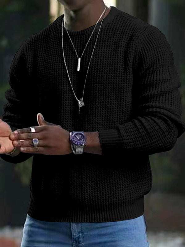 Versatile Men's Waffle Knit Long-Sleeve Sweater - Thin Round Neck for All Seasons - MENLL