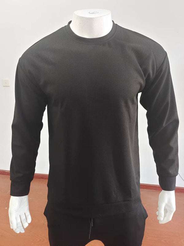 Versatile Men's Waffle Knit Long-Sleeve Sweater - Thin Round Neck for All Seasons - MENLL