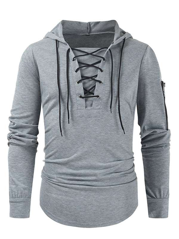 Men's solid color lace-up pullover hoodie, sports casual style.