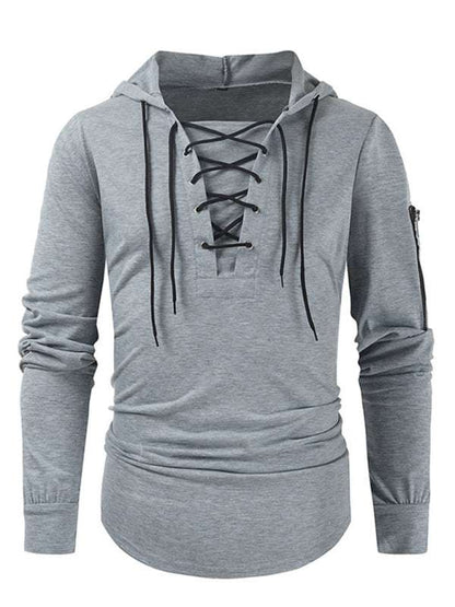 Men's solid color lace-up pullover hoodie, sports casual style.