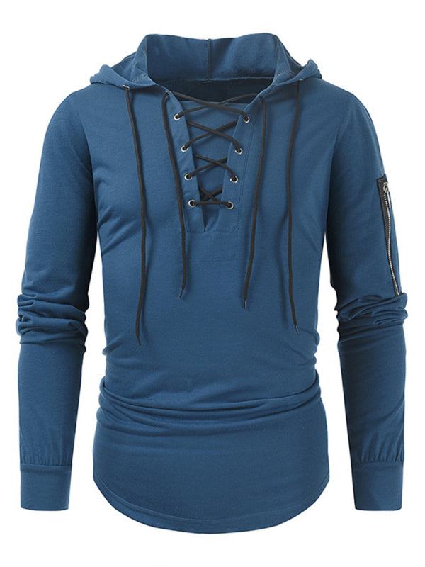 Stylish Men's Solid Color Lace-Up Pullover Hoodie for Year-Round Casual Comfort - MENLL
