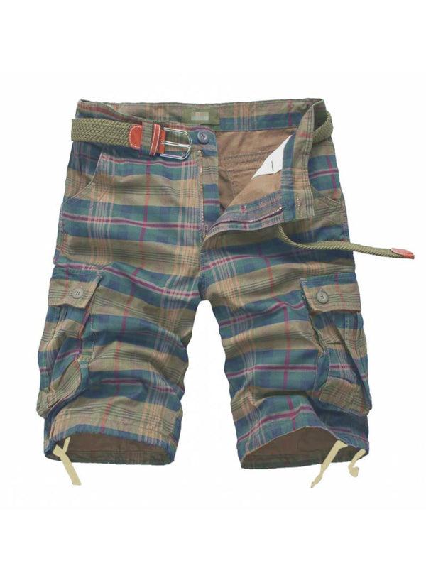 Men's plaid cargo shorts with welt pockets, breathable cotton fabric, and stylish design.
