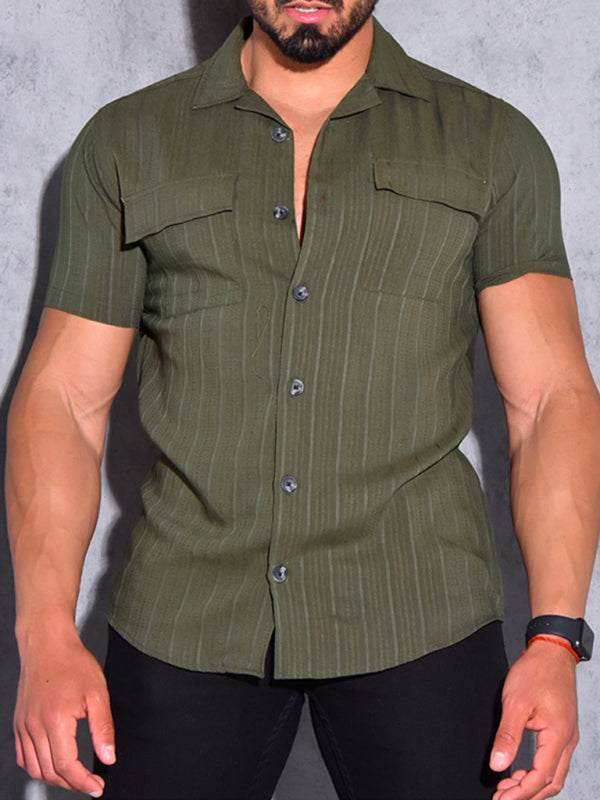 Men's short-sleeve solid color cardigan T-shirt, olive green, front view.