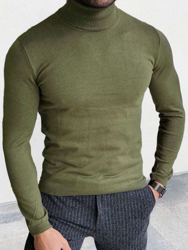 Sleek slim-fit turtleneck sweater for men in olive green; cozy autumn-winter essential.
