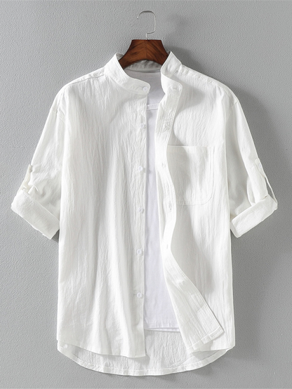 Stylish Men's Lightweight Short Sleeve Stand Collar Shirt for Effortless Spring-Summer Fashion - MENLL