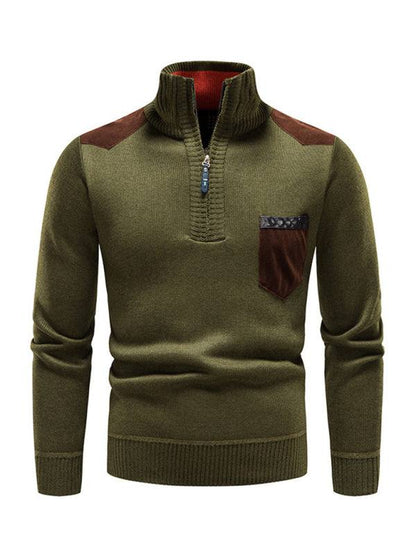 Men's stylish patchwork knit sweater with half-zip and stand-up collar.