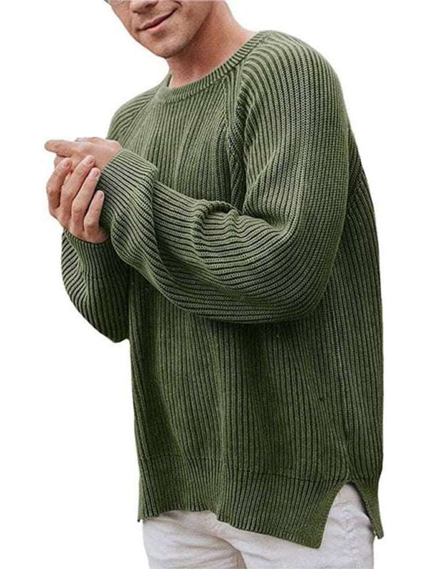 Trendy men's solid color crew neck pullover sweater in green for effortless style.