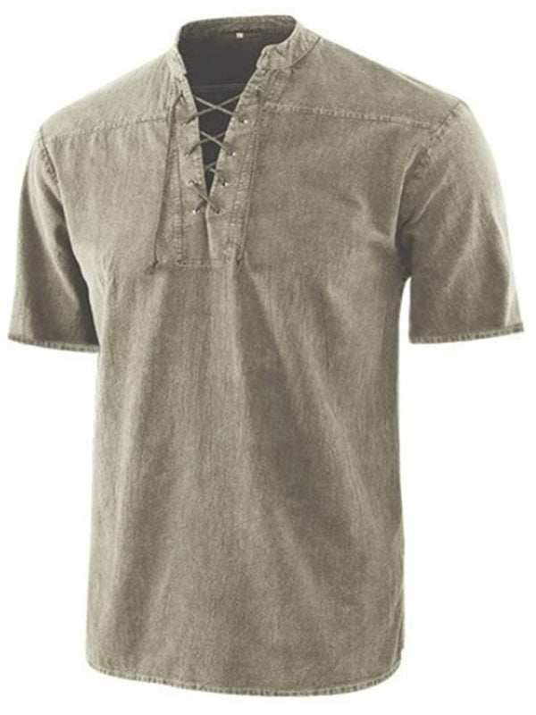 Men's retro lace-up collar short sleeve shirt in beige, perfect for effortless style.