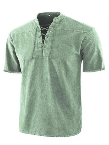 Chic Men's Retro Lace-Up Collar Short Sleeve Shirt for Effortless Style - MENLL