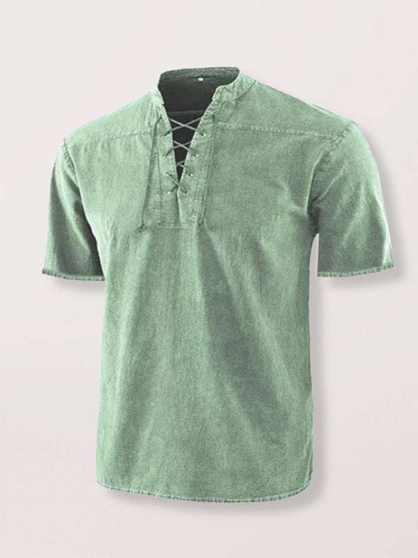 Chic Men's Retro Lace-Up Collar Short Sleeve Shirt for Effortless Style - MENLL
