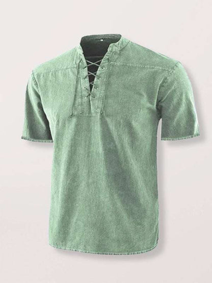 Chic Men's Retro Lace-Up Collar Short Sleeve Shirt for Effortless Style - MENLL