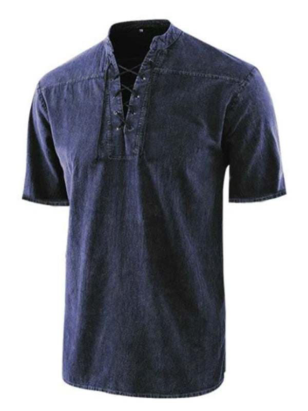 Chic Men's Retro Lace-Up Collar Short Sleeve Shirt for Effortless Style - MENLL