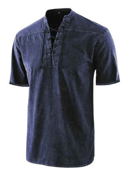 Chic Men's Retro Lace-Up Collar Short Sleeve Shirt for Effortless Style - MENLL