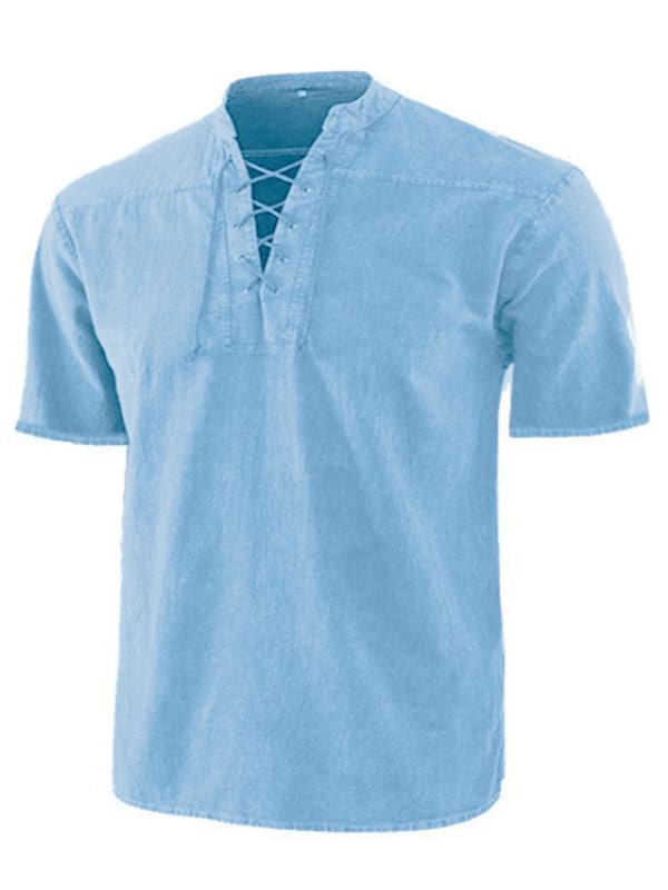 Chic Men's Retro Lace-Up Collar Short Sleeve Shirt for Effortless Style - MENLL
