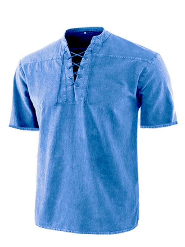 Chic Men's Retro Lace-Up Collar Short Sleeve Shirt for Effortless Style - MENLL