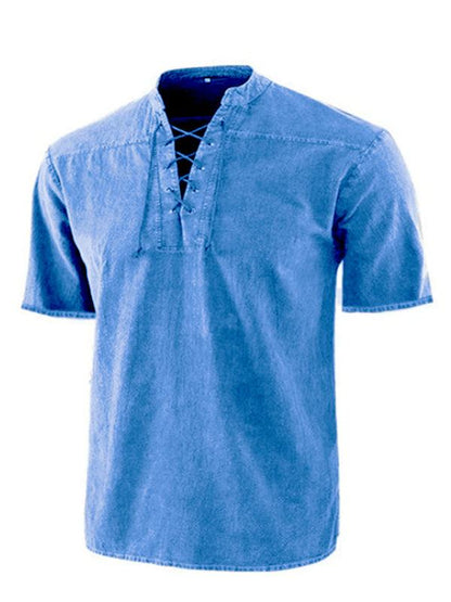Chic Men's Retro Lace-Up Collar Short Sleeve Shirt for Effortless Style - MENLL