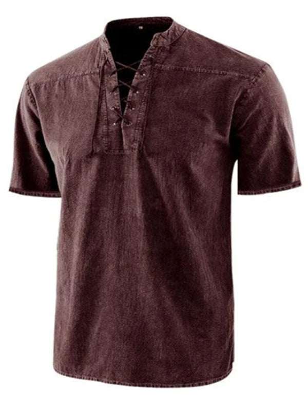 Chic Men's Retro Lace-Up Collar Short Sleeve Shirt for Effortless Style - MENLL