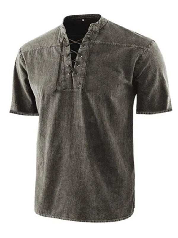 Chic Men's Retro Lace-Up Collar Short Sleeve Shirt for Effortless Style - MENLL