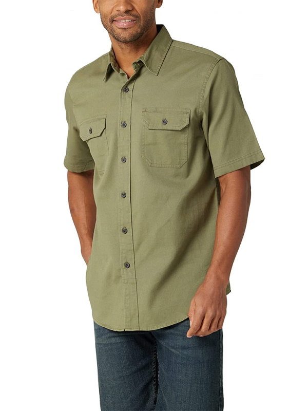 Men's casual solid color short sleeve cotton shirt, classic and stylish.