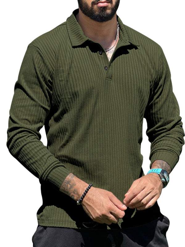 Men's Slim Fit Long Sleeve Polo Shirt in Green with Sporty Lapel Style