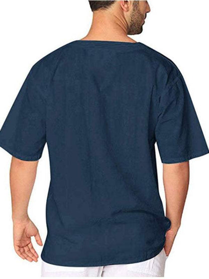 Stylish Men's Casual Tie Collar Short Sleeve T-Shirt - Comfortable Cotton-Linen Blend for Effortless Spring-Summer Fashion