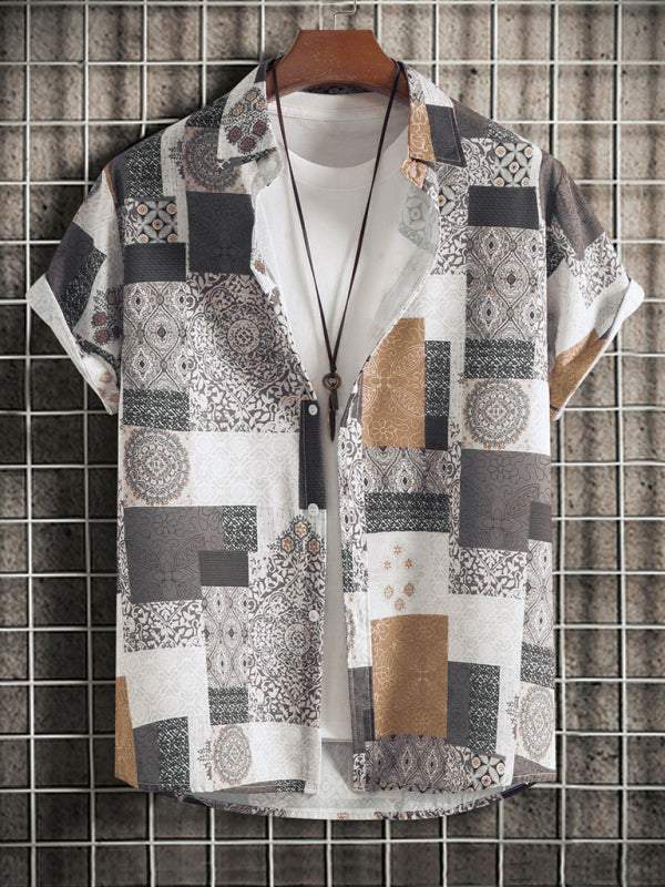 Men's vintage paisley print short sleeve shirt with a retro design and relaxed vacation style.