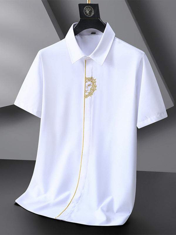 Plus size men's casual shirt with elegant embroidery, perfect for spring-summer, featuring elastic fabric and a versatile design.