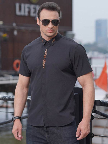 Stylish Plus Size Men's Embroidered Elastic Casual Shirt - Perfect for Spring-Summer Adventures - MENLL