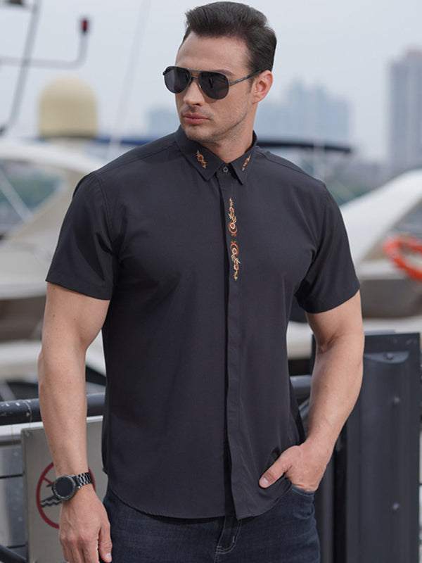 Stylish Plus Size Men's Embroidered Elastic Casual Shirt - Perfect for Spring-Summer Adventures - MENLL