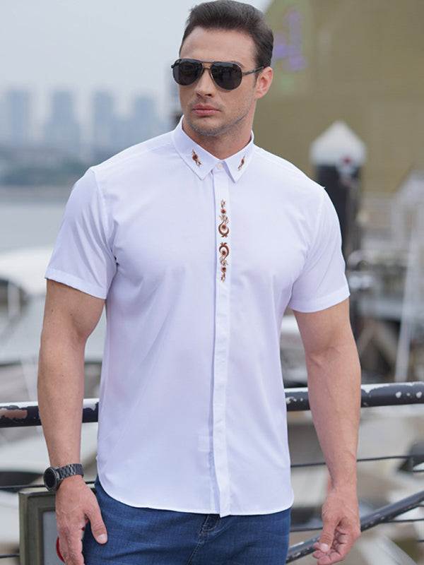 Stylish Plus Size Men's Embroidered Elastic Casual Shirt - Perfect for Spring-Summer Adventures - MENLL