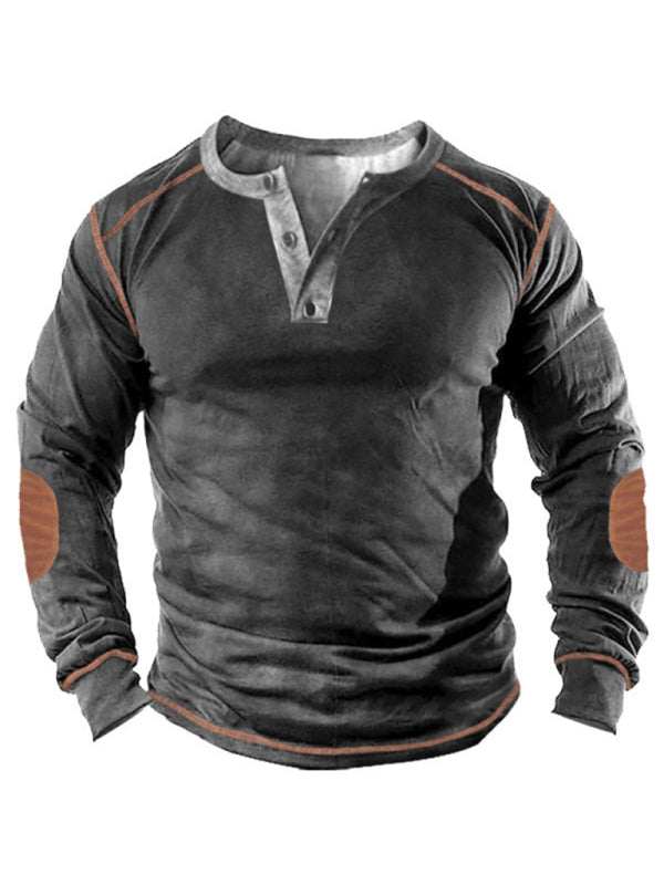 Men's 3D printed long-sleeve henley top with open placket, perfect for style and comfort.