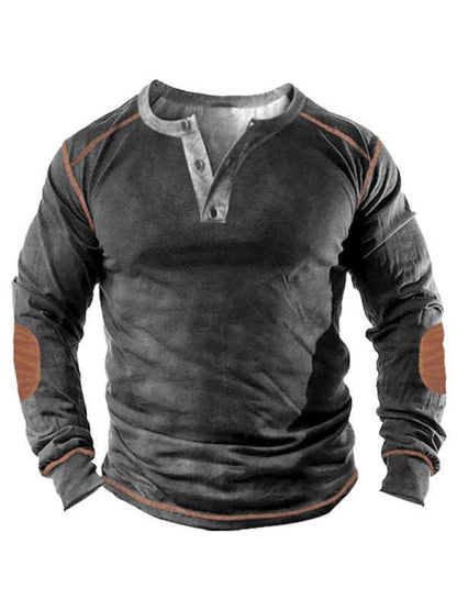 Men's 3D printed long-sleeve henley top with open placket, perfect for style and comfort.