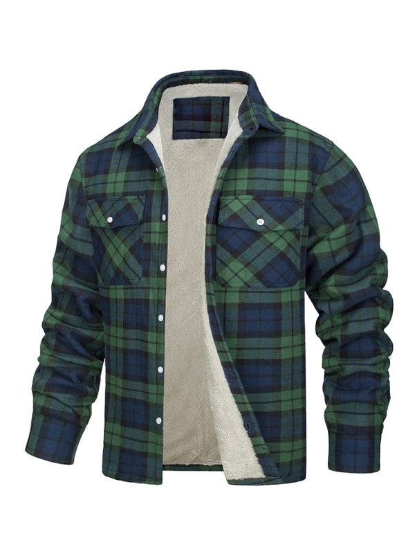 Leisure lattice pattern woven coat with plaid patchwork and flap pockets.