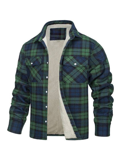 Leisure lattice pattern woven coat with plaid patchwork and flap pockets.