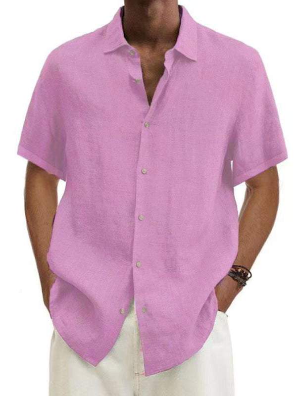 Men's woven casual short sleeve shirt in pink with lapel collar and button-up front.