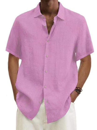 Men's woven casual short sleeve shirt in pink with lapel collar and button-up front.